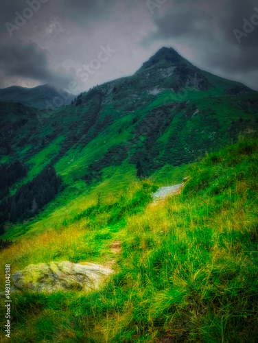 View on mountains near Saalbach Hinterglemm ski resort on a summer day