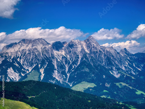 View on mountains near Saalbach Hinterglemm ski resort on a summer day
