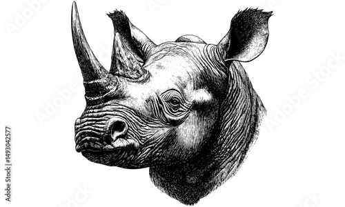 Hand-etched Rhino Head, Vintage Engraving Style, Rustic Wildlife Art, Safari Animal Illustration, Antique Drawing, Black Sketch Effect, Safari Decor, Trendy Animal Wall Art, Nature Illustration,