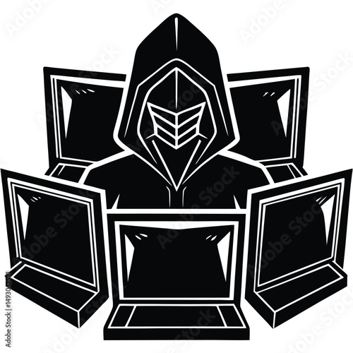 Anonymous Hacker Silhouette with Multiple Laptops Cybersecurity Concept
