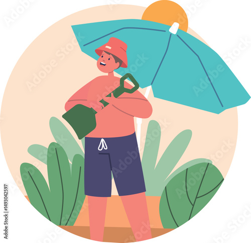 Boy hiding from sun vector illustration