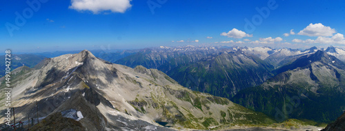 View on jagged mountains and glaciers of Zillertal alps on a summer day