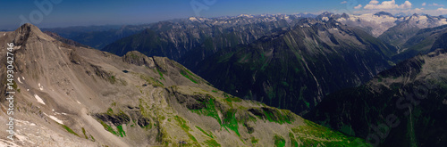 View on jagged mountains and glaciers of Zillertal alps on a summer day