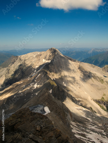 View on jagged mountains of Zillertal alps on a summer day