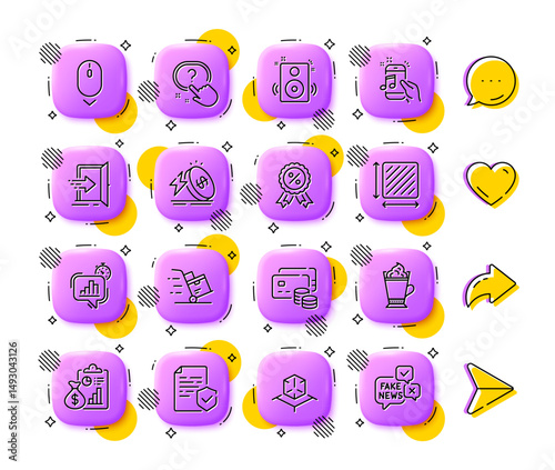 Augmented reality, Music phone and Report line icons. App 3d buttons. Social media comment, share, like icons. Pack of Square area, Latte coffee, Money icon. Vector