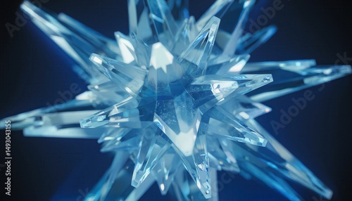 Abstract Ice Crystal Structure with Sharp Points and Glowing Blue Light on Dark Background