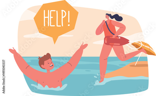 Rescuer throwing lifebuoy drowning child