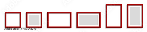 Set of five red photo frames in different sizes and orientations with shadows, isolated on white background, empty and with gray placeholders.
