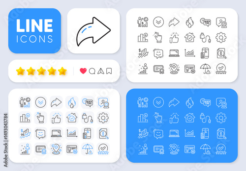 Touchscreen gesture, Smile face and Rating stars line icons for web app. Message, Share, Like social media icons. Pack of Charging cable, Decreasing graph, Laptop pictogram icons. Vector