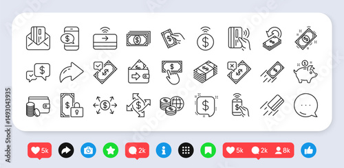 Payment wallet line icons. Social media: share, comment, like icons. Set of Pay with Phone, Accept money transfer and Credit card by mail icons. Vector