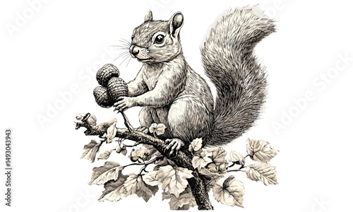 Rustic Woodland Animal Art, Hand-etched Squirrel with Acorns, Black Sketch Effect, Vintage Engraving Style, Fall Forest Decor, Detailed Nature Illustration, forest wildlife print