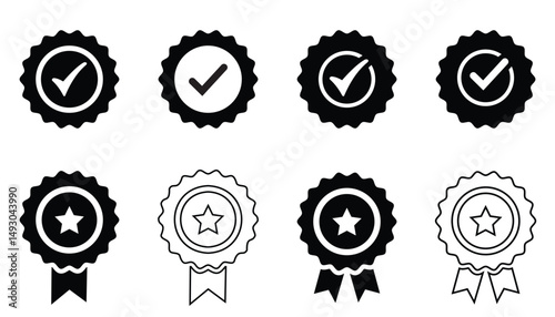 Certified Medal Icons Set – Vector Badges with Check Mark, Approval, Award, and Quality Guarantee