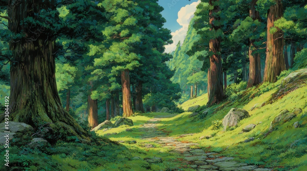 A stunning image of stunning image of forest path surrounded by tall trees, depicted in classic anime style. A stunning image of stunning image of forest path surrounded by tall trees, depicted in classic anime style.