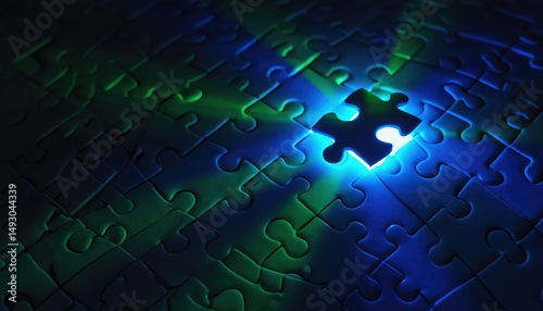 Illuminated Puzzle Piece on Dark Background with Dramatic Lighting and Color Contrast