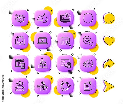 Like video, Dishwasher timer and Recovery data line icons. App 3d buttons. Social media comment, share, like icons. Pack of Card, Online storage, Filling station icon. Vector