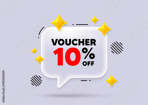 Coupon chat speech bubble. Social media concept. Voucher 10 percent off sale. Special offer coupon sign. Black friday discount symbol. 3d sparkles chat bubble. Vector