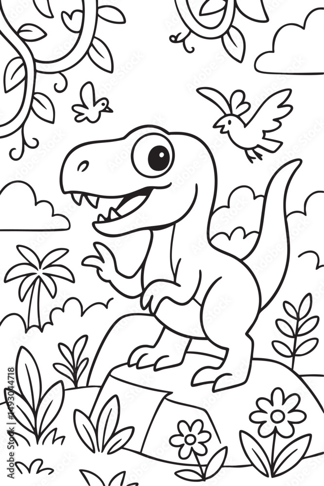 Fototapeta premium Cute Cartoon Dinosaurs in Prehistoric Landscape for Coloring Book