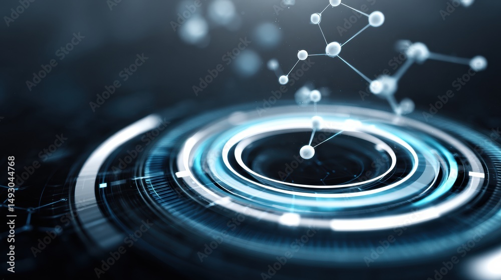 Fototapeta premium Futuristic digital interface with molecular structures, glowing rings, and technology-inspired graphics on a dark background.