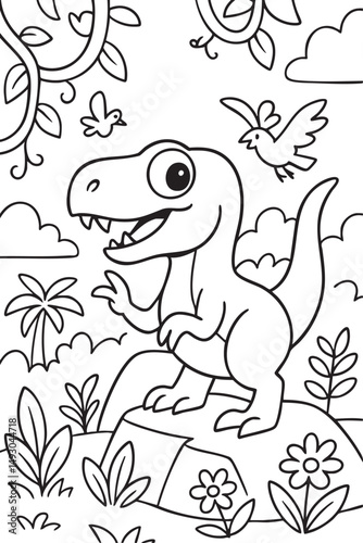 Cute Cartoon Dinosaurs in Prehistoric Landscape for Coloring Book