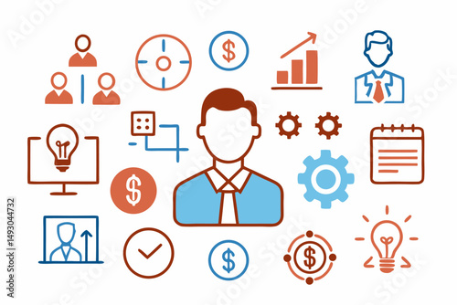 This flat vector icon set illustrates business people, communication, and social network concepts for web design