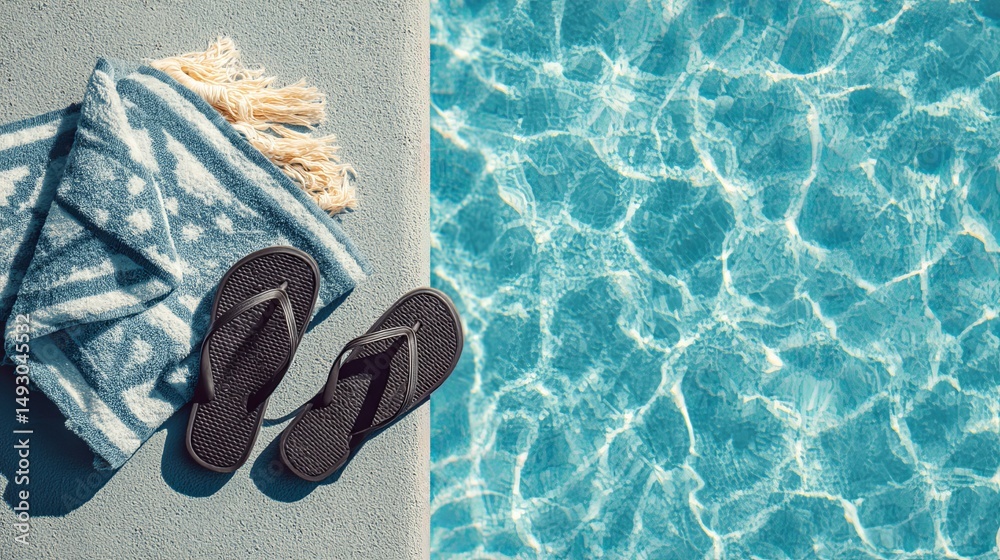 Naklejka premium Relaxing Poolside Essentials - Towel and Flip Flops by Pool