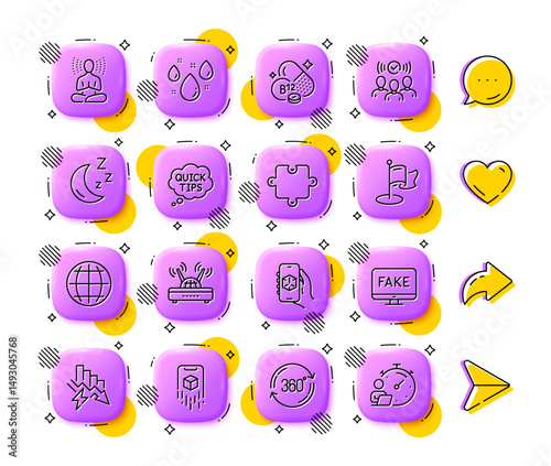 Squad, Saving electricity and Globe line icons. App 3d buttons. Social media comment, share, like icons. Pack of Augmented reality, Quick tips, Rainy weather icon. Vector