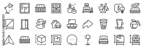 Table lamp, Furniture moving and Bed line icons pack. Share, Message, Paper plane icons. Pillow, Square area, Mattress web icon. Lightweight mattress, Tea cup, Door pictogram. Vector