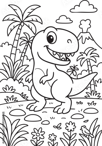 Cute Cartoon Dinosaurs in Prehistoric Landscape for Coloring Book