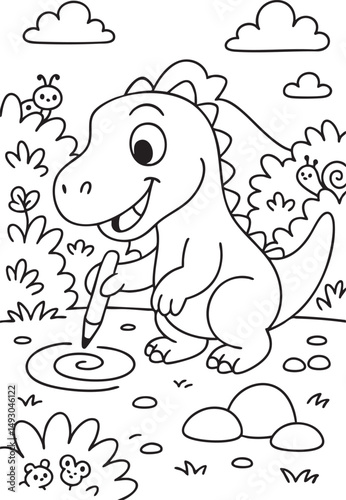 Cute Cartoon Dinosaurs in Prehistoric Landscape for Coloring Book