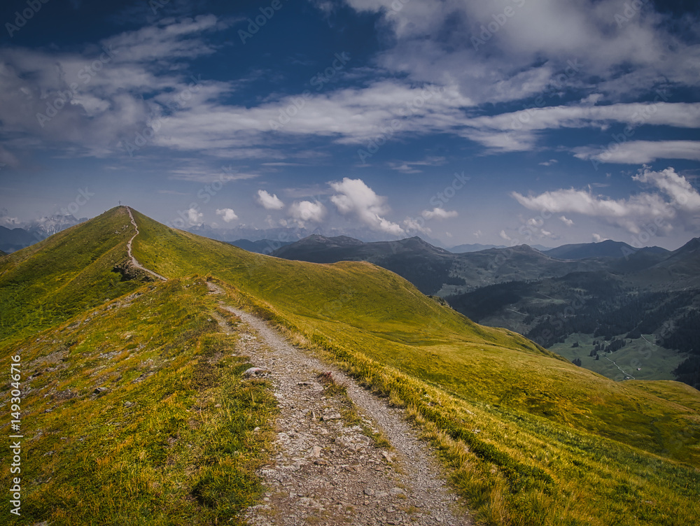Fototapeta premium Mountain path near Saalbach Hinterglemm Leogang ski resort during summer day