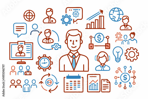 Flat vector illustration of a business social network concept with people icons and technology symbols for web and mobile communication
