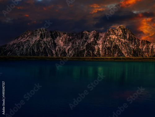 Silhouette of man behind a lake near Leogang ski resort during summer day, Creative post processing