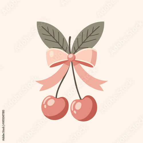 Two cherries with a bow coquette. A charming bow coquette with a pink ribbon and red cherries on a light background. A delightful Valentine's Day present.