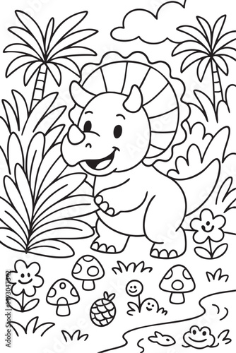 Cute Cartoon Dinosaurs in Prehistoric Landscape for Coloring Book