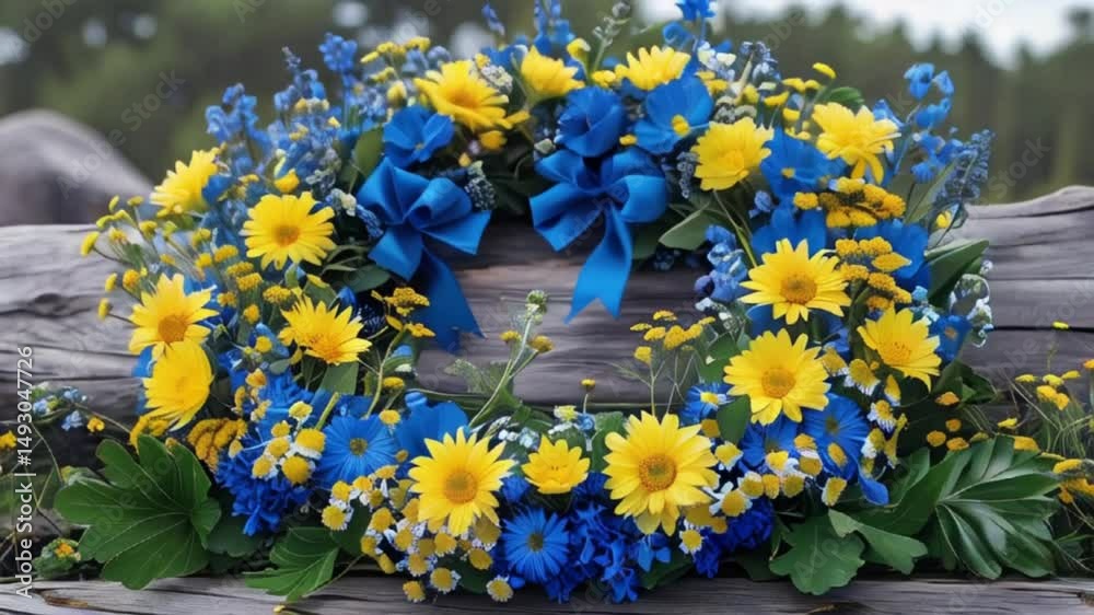 Sweden National Day: Blue and yellow floral wreath with wildflowers created with generative ai