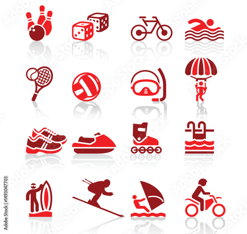 collection of sixteen red glossy icons representing various sports and recreational activities, each with a reflection effect.