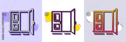 Open door line icon. Halftone dotted pattern. Gradient icon with grain shadow. Entrance doorway sign. Building exit symbol. Line open door icon. Various designs. Vector