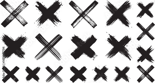Grunge X Mark Vector Set – Hand Drawn Brush Crosses with Ink Splashes, Dirty Paint Stroke Symbols for Graphic Design, Error Icons, Stop or Rejection Signs in Artistic Grunge and Brushstroke Style