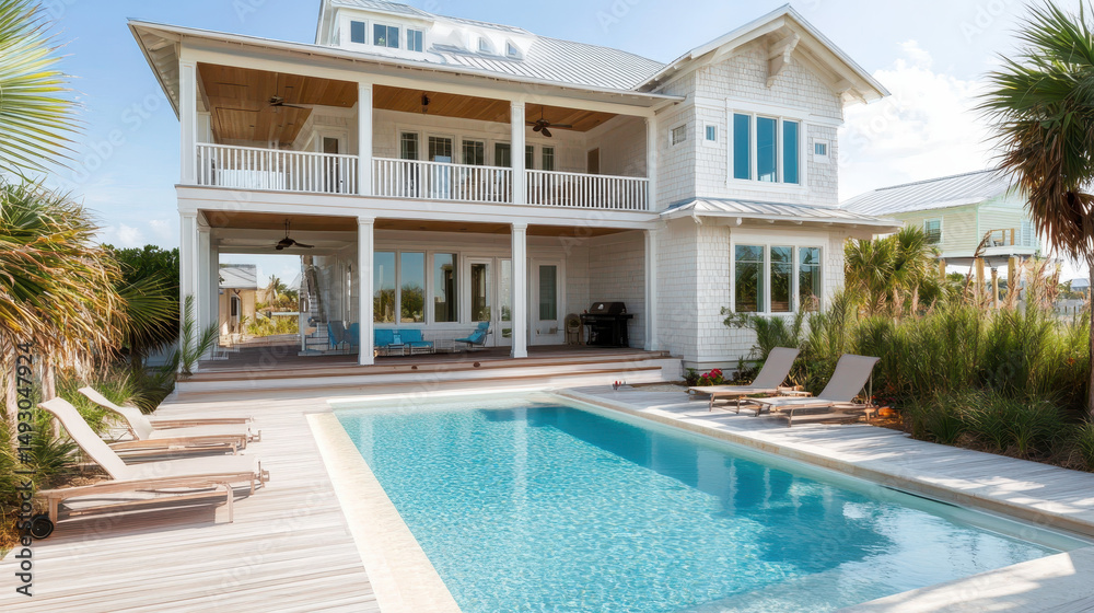 Fototapeta premium Luxury Home Oasis: A serene scene unfolds, showcasing a stunning residential property, complete with a refreshing pool, inviting outdoor space, and meticulous architectural design.