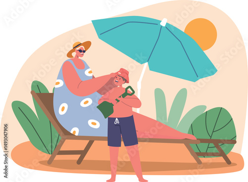Family sunbathing under sun umbrella