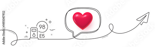 Petrol station line icon. Continuous line with share plane. Filling station sign. E5 petroleum fuel symbol. 3d heart in speech bubble. Petrol station single line ribbon. Loop curve pattern. Vector