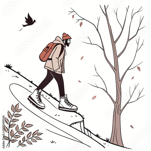 A lone hiker descends a hill during a crisp autumn day scenery