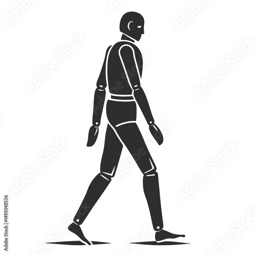 A monochrome silhouette of a vintage articulated mannequin walking in simple design