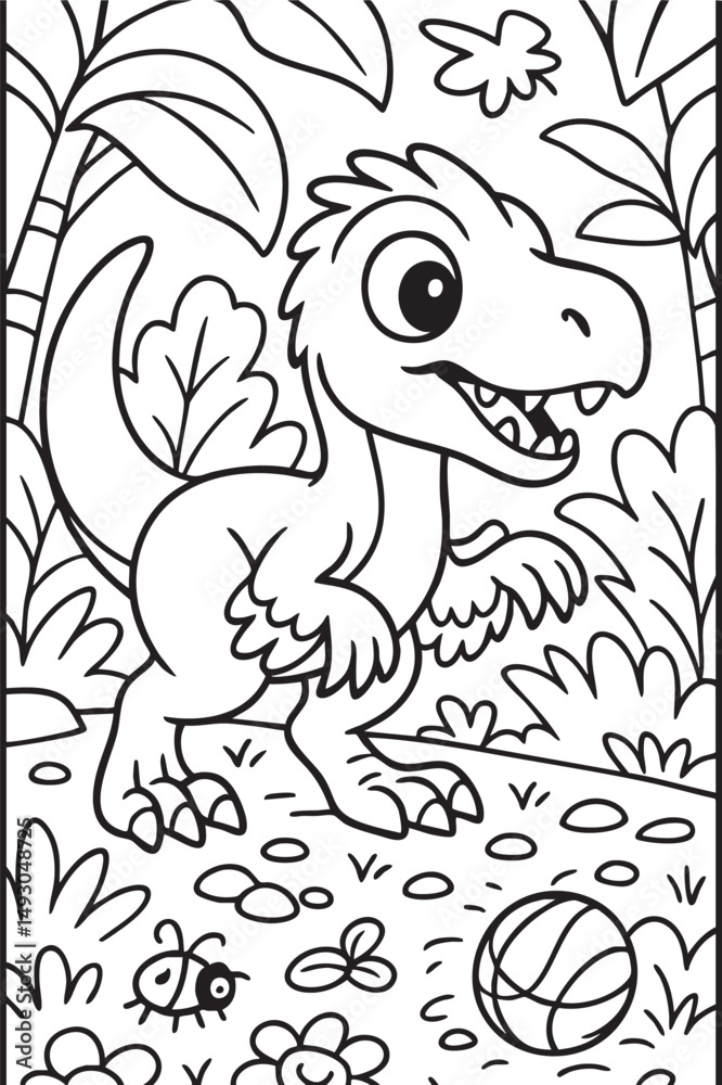 Obraz premium Cute Cartoon Dinosaurs in Prehistoric Landscape for Coloring Book