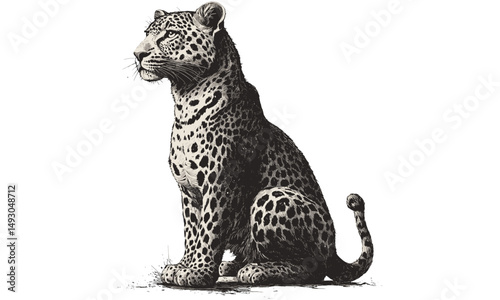 Leopard Sitting Gracefully, Vintage Safari Animal Art, Hand-drawn Illustration, Old Engraving Style, Black Sketch Effect, Rustic Drawing, Antique Engraving, Wall Decor Print, wildlife art