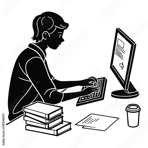 A student working at his computer with coffee and some books