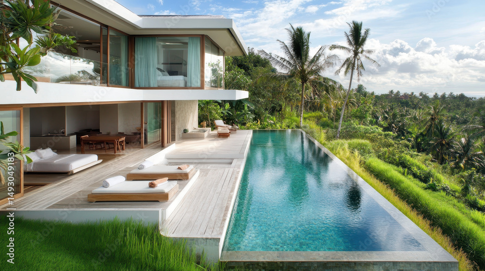 Fototapeta premium Infinity Pool Oasis: Luxury villa with stunning panoramic views of lush greenery, an inviting infinity pool reflecting the clear blue sky, epitomizing opulence and serenity.