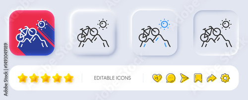 Mountain bike line icon. Neumorphic, Flat shadow, 3d buttons. Outdoor bicycle transport sign. Sport activity symbol. Line mountain bike icon. Social media icons. Vector