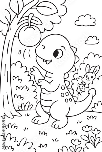 Cute Cartoon Dinosaurs in Prehistoric Landscape for Coloring Book