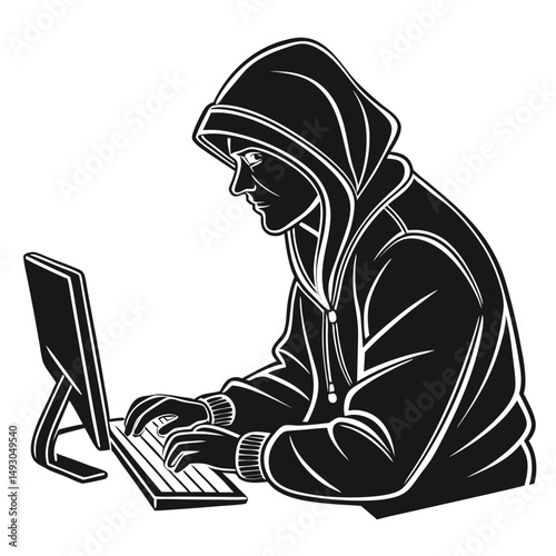 Anonymous Hacker Silhouette Coding at Computer Station in Dark Hoodie and Monochromatic